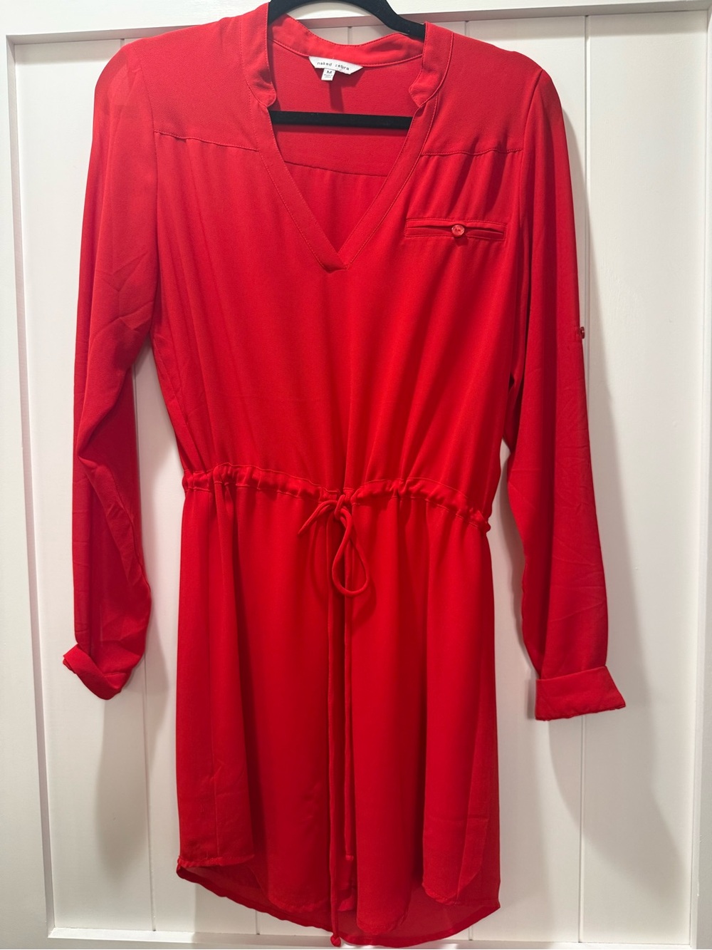 Naked Zebra Red V-Neck Drawstring Waist Long Sleeve Dress